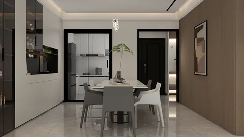 Modern dining area featuring a long dining table with stylish chairs, designed using Homestyler for creating a contemporary interior space, enhancing social interaction and dining experience.