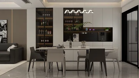 modern dining area with minimalist furniture arranging and stylish lighting design in a contemporary living space using Homestyler's real-time 3D rendering feature.