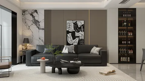 modern living room design featuring a black sofa and artistic wall decor, showcasing an elegant contemporary style for interior decor, utilizing Homestyler's real-time 3D rendering feature.