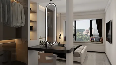 Modern bedroom with a stylish mirror and organized closet space featuring a cozy reading nook and a seamless layout; optimized for interior decor using Homestyler's real-time 3D rendering feature.