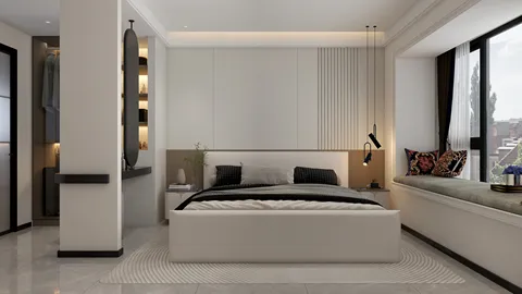 Modern bedroom design featuring a minimalist style with a focus on spatial efficiency, utilizing Homestyler's real-time 3D rendering for enhanced visualization.