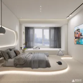 modern bedroom design featuring a cozy layout with soft lighting and large windows, emphasizing interior decor with a focus on homestyler's real-time 3D rendering capabilities.