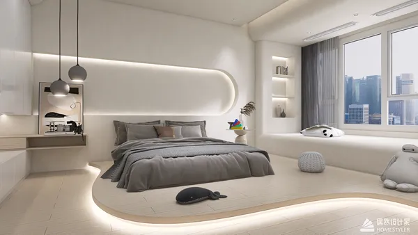 Cozy bedroom design featuring a modern bed with soft gray bedding, complemented by stylish lighting and minimalist decor, showcasing interior design with Homestyler’s real-time 3D rendering feature for an immersive visualization.