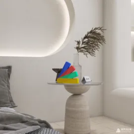 A cozy bedside table featuring colorful books and a decorative vase, enhancing the modern aesthetic of the minimalist bedroom design, showcasing Homestyler's real-time 3D rendering capabilities.