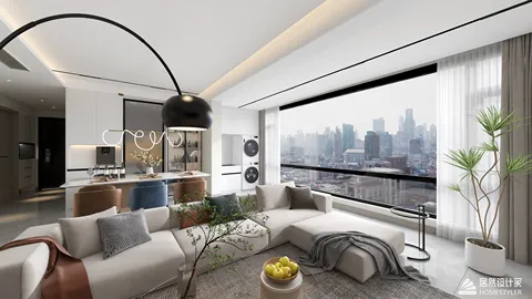 modern living room with a spacious layout featuring a cozy sofa arrangement, emphasizing minimalistic style and urban view, showcasing homestyler's real-time 3D rendering capability for instant design visualization.