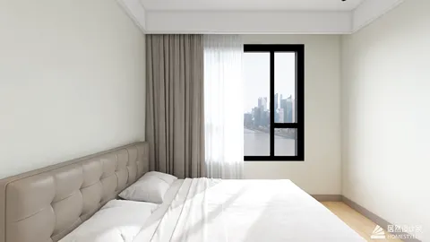 modern bedroom design featuring a light-colored wall and large window with city view, utilizing Homestyler's real-time 3D rendering for an effective interior decor presentation.