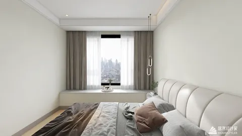 modern bedroom design featuring a minimalistic layout with soft bedding colors and large windows enhancing natural light; optimized interior decor using Homestyler's real-time 3D rendering for efficient design preview.