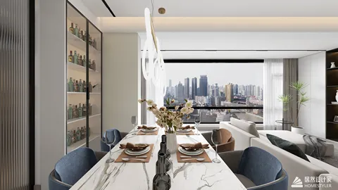 dining area with marble table setup overlooking a cityscape, featuring modern decor and smart furniture arrangement, showcasing Homestyler's real-time 3D rendering capability.