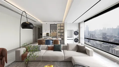 modern living room featuring a spacious sectional sofa with decorative pillows, designed for a contemporary open-plan layout, showcasing interior decor elements and optimized space planning using Homestyler's real-time 3D rendering feature.