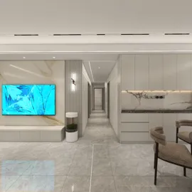 Modern living room featuring a sleek entertainment wall with a large TV and minimalist decor, showcasing a contemporary interior design style, utilizing Homestyler's real-time 3D rendering feature.