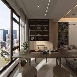 modern home office design featuring a stylish desk arrangement with large windows showcasing a city skyline, incorporating smart furniture placement for optimized small space usage, utilizing Homestyler's real-time 3D rendering feature to visualize the layout.