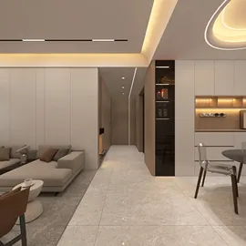 modern living room with open layout showcasing smart furniture arrangement in a minimalist style, utilizing Homestyler's real-time 3D rendering feature for optimal space design