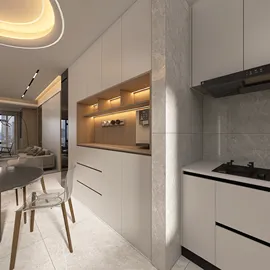 Modern kitchen layout featuring sleek cabinetry and integrated lighting, showcasing a contemporary design approach to interior decor, utilizing Homestyler's real-time 3D rendering for an immersive planning experience.