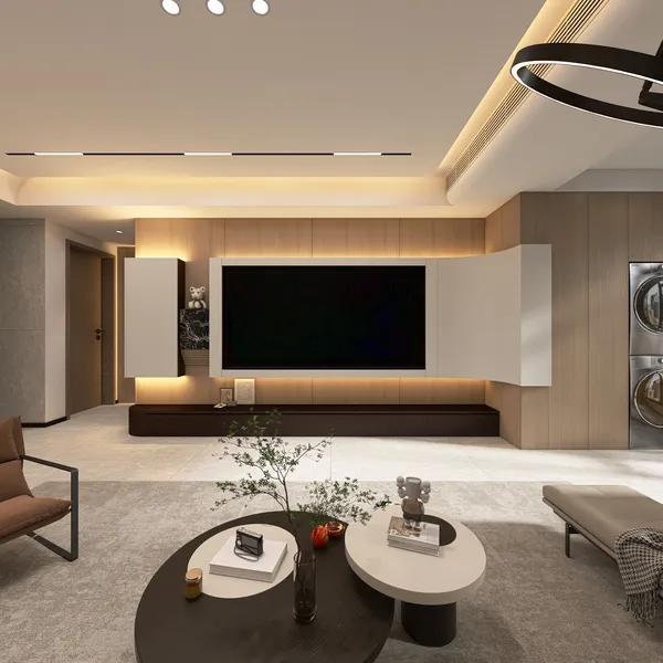 modern living room design showcasing a sleek entertainment unit with ambient lighting, featuring an open space layout and optimized for smart furniture arrangement using Homestyler's real-time 3D rendering.