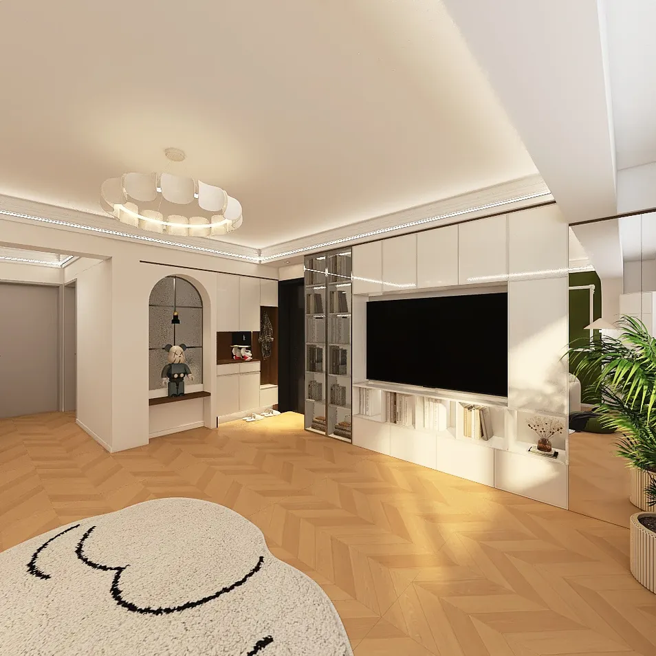 Modern living room featuring a stylish entertainment unit with integrated technology, designed to optimize small spaces while showcasing contemporary aesthetics; created using Homestyler's real-time 3D rendering.