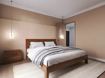 Modern bedroom with a wooden bed showcasing a cozy design style, featuring smart furniture arrangement for optimal small space use, highlighting Homestyler's real-time 3D rendering capability.