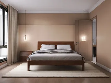 modern bedroom design showcasing a wooden bed frame and minimalist decor, featuring neutral tones and natural lighting; optimized for space utilization with Homestyler's real-time 3D rendering.