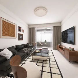 modern living room interior design showcasing a spacious layout with a black sectional sofa and wooden accent furniture, featuring real-time 3D rendering for accurate design proposals.