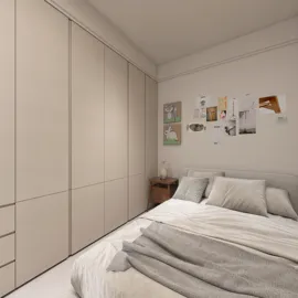 a cozy bedroom featuring a neatly made bed with soft linens and a minimalist design, showcasing a modern style and optimizing space with smart furniture arrangement using Homestyler's real-time 3D rendering feature.