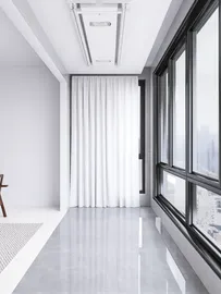 modern interior space with large windows showcasing natural light and minimalistic design elements, featuring a sleek floor and simple furniture arrangement, utilizing Homestyler's real-time 3D rendering feature for effective design visualization