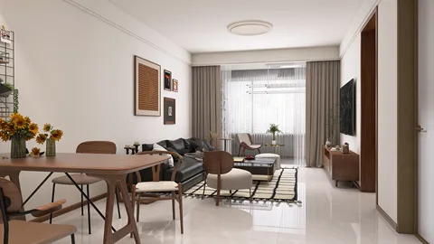 Modern living room design featuring elegant furniture arrangement, minimalistic style, showcasing a cozy atmosphere, utilizing Homestyler's real-time 3D rendering for design preview.
