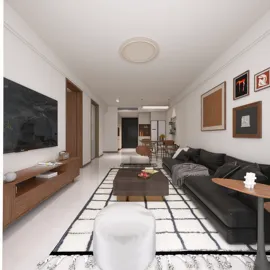 modern living room with a cozy sofa and stylish coffee table featuring a minimalist design and contemporary decor, showcasing a 3D interior design concept with Homestyler's real-time 3D rendering feature.