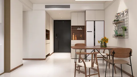 modern dining area featuring a wooden table with chairs, showcasing a minimalist design style, utilized for interior decor inspiration with Homestyler’s real-time 3D rendering feature.