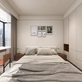 Modern bedroom design featuring a cozy bed arrangement with stylish bedding, neutral color scheme, and contemporary art on the walls; showcasing Homestyler's real-time 3D rendering functionality for a detailed interior decor visualization.