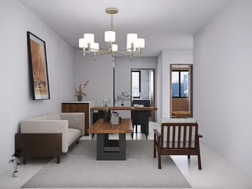Modern living room featuring a cozy sofa arrangement and a wooden dining table, showcasing a contemporary design style that enhances the functional value of the space, utilizing Homestyler's real-time 3D rendering for effective design visualization.