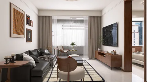 Living room with modern furniture arrangement showcasing a minimalist style, featuring an interior design that optimizes space with smart furniture placement using Homestyler's functionalities.