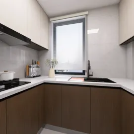 modern kitchen design featuring sleek cabinetry and efficient layout, showcasing interior decor principles while utilizing Homestyler's real-time 3D rendering feature for effective design proposal demonstrations