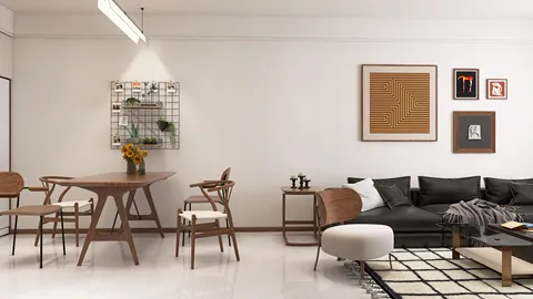 Stylish dining area featuring a wooden table and chairs arranged harmoniously, modern minimalist design, enhancing spaciousness and comfort in a contemporary living room setting with a cozy sofa.