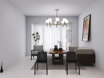 minimalist dining room with a wooden table and chairs accentuating modern design and open space value featuring Homestyler's real-time 3D rendering capability.