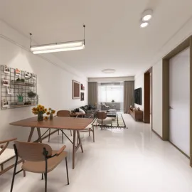 modern dining area with wooden table and chairs in a minimalist living space featuring bright natural light and stylish decor, showcasing Homestyler's real-time 3D rendering feature for interior design optimization.