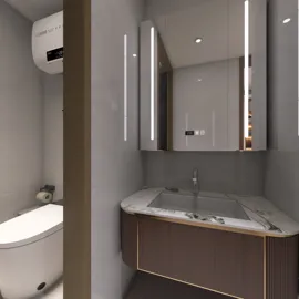 Modern bathroom design featuring a sleek vanity and integrated storage, showcasing realistic 3D rendering capabilities of Homestyler, for optimal interior decor inspiration.