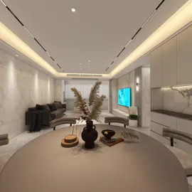 modern dining area featuring a round table set for a meal, showcasing elegant decor and soft ambient lighting in a luxurious living space; utilizes Homestyler’s real-time 3D rendering for design visualization.