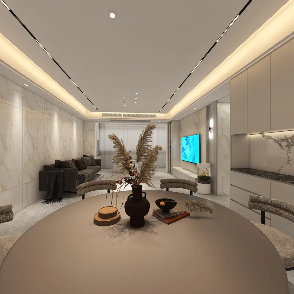 modern dining area featuring a round table set for a meal, showcasing elegant decor and soft ambient lighting in a luxurious living space; utilizes Homestyler’s real-time 3D rendering for design visualization.