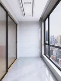 bright corridor with large windows showcasing a city view, featuring sleek tile flooring and modern design elements, optimized for spatial efficiency using Homestyler's 3D rendering feature.