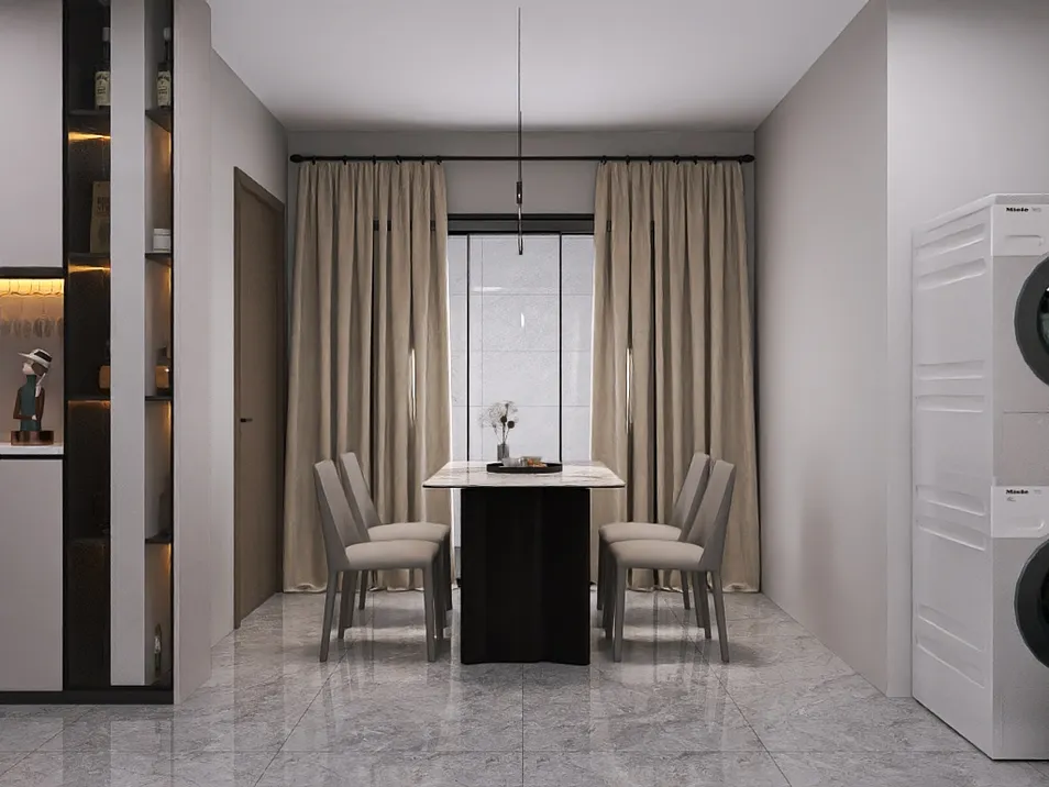dining area with a modern table and chairs showcasing interior design style featuring elegant curtains and marble flooring, utilizing Homestyler's real-time 3D rendering for fast design previews.