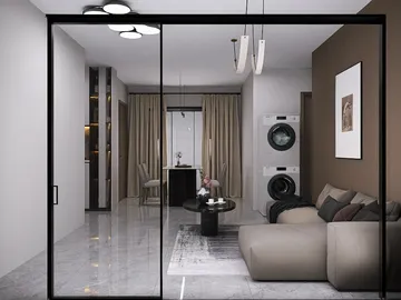 modern living room featuring a glass sliding door, showcasing a minimalist design with neutral colors and sophisticated furnishings, enhancing space utilization with smart furniture arrangement using Homestyler's AR virtual placement feature.