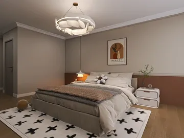 A beautifully designed bedroom featuring a cozy bed with soft linens, accented by modern artwork and a unique light fixture. This interior design showcases a contemporary style with warm tones, optimizing the space for relaxation and comfort using Homestyler's real-time 3D rendering feature.