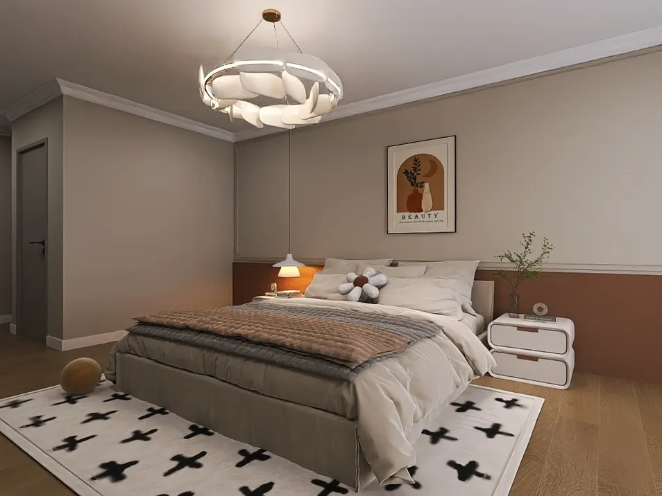 A beautifully designed bedroom featuring a cozy bed with soft linens, accented by modern artwork and a unique light fixture. This interior design showcases a contemporary style with warm tones, optimizing the space for relaxation and comfort using Homestyler's real-time 3D rendering feature.