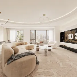 living room with modern furniture arrangement featuring a cozy atmosphere and elegant style, showcasing interior design with Homestyler's real-time 3D rendering feature