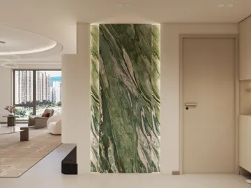 green marble wall design showcasing modern elegance in a living room space with stylish interior decor, featuring Homestyler's real-time 3D rendering for accurate design previews.
