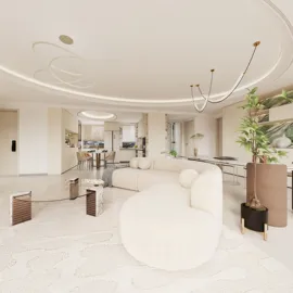 A cozy living room featuring a modern curved sofa, designed with minimalistic elegance, showcasing interior decor principles for optimal comfort and aesthetics; highlighting Homestyler's real-time 3D rendering capabilities.