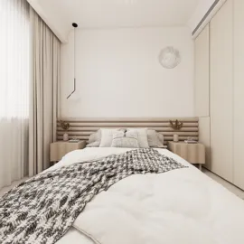 cozy bedroom with a modern bed design featuring a neutral color palette and soft textiles, showcasing an interior design theme while utilizing Homestyler's real-time 3D rendering for effect preview.
