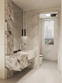 modern bathroom design featuring a marble vanity and wall, showcasing high-end renovations with a focus on elegant aesthetics and functionality for efficient space utilization, utilizing Homestyler's real-time 3D rendering for accurate previews.