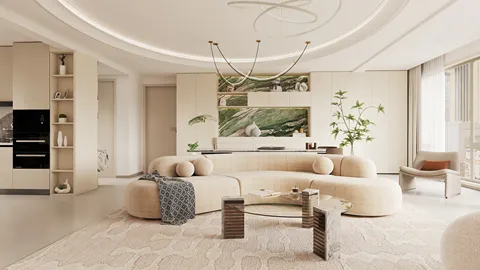 curved sofa arrangement enhancing modern interior design style with soft colors using Homestyler's real-time 3D rendering feature