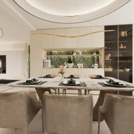dining area with elegant table setting showcasing modern furniture arrangement in a luxurious style enhancing the aesthetic value of the space using Homestyler's 3D rendering feature.