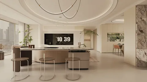 modern kitchen design featuring a spacious island with smart furniture arrangement in a minimalist style, showcasing the Homestyler real-time 3D rendering capability.